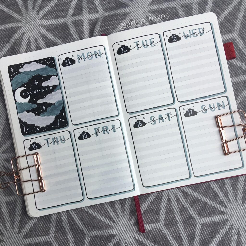 Open bullet journal spread for November week with celestial theme and individual day sections.