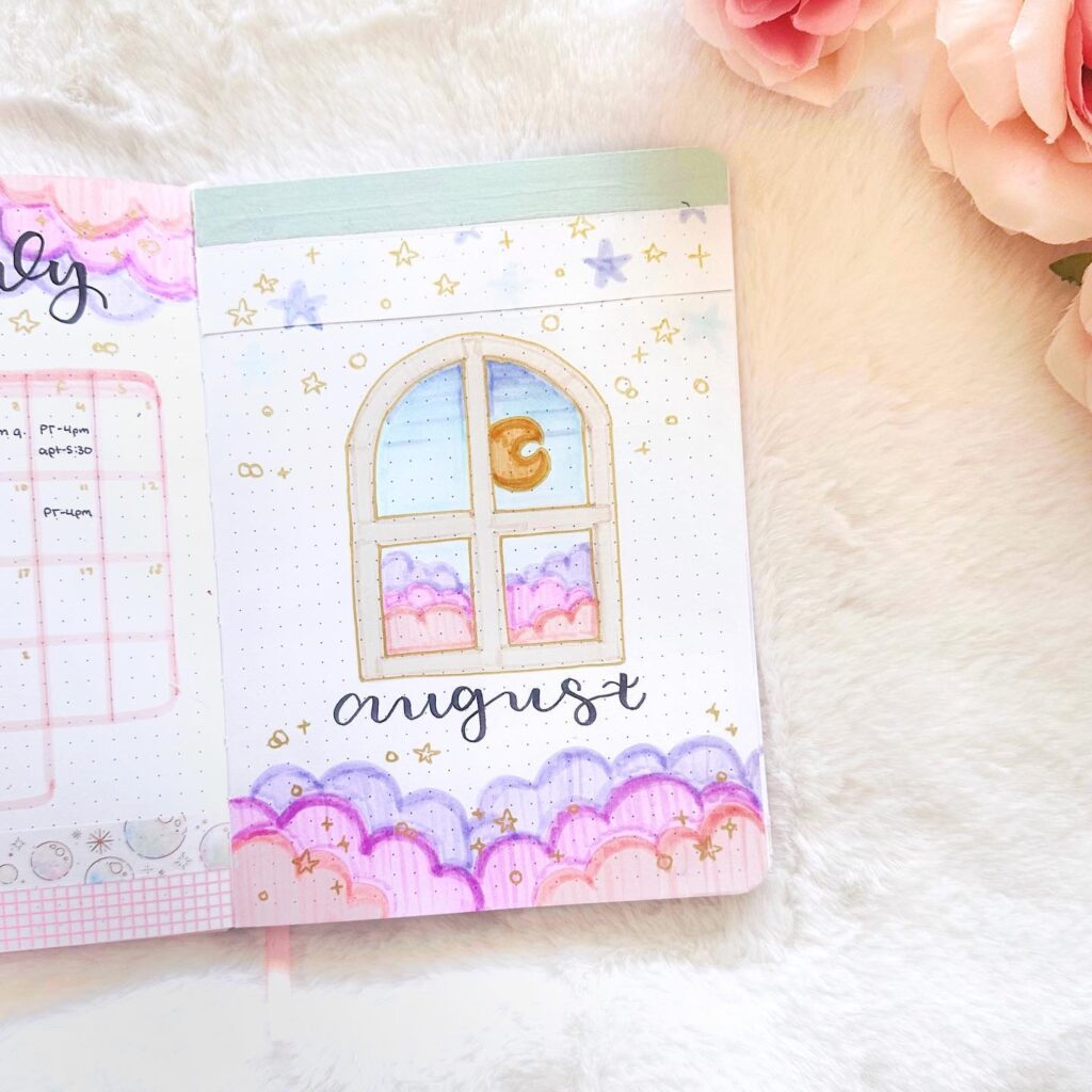 August bullet journal page with pastel window illustration, clouds, and decorative stars on a soft background.