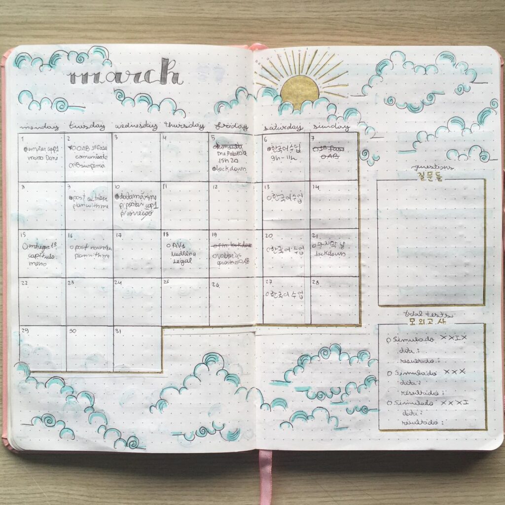 Hand-drawn bullet journal for March with clouds and sun design, highlighting daily tasks and notes.
