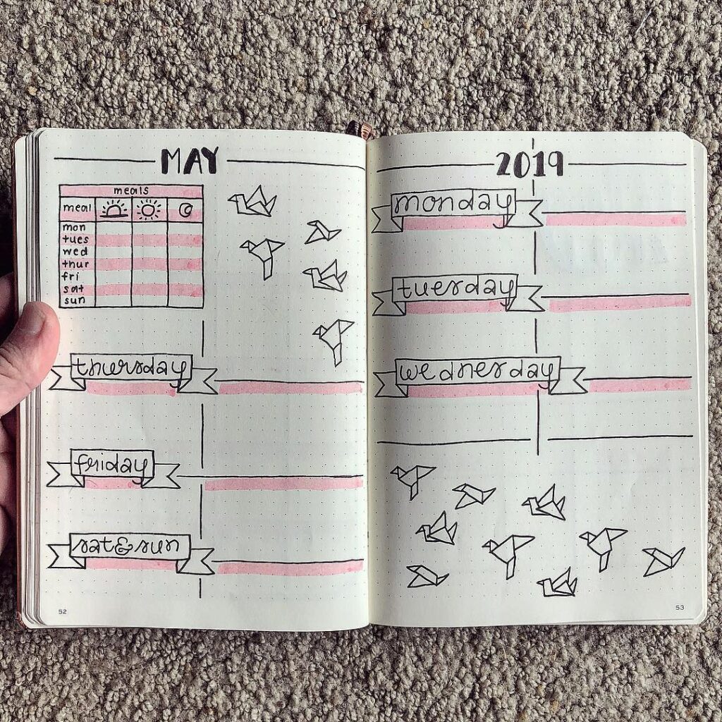 Bullet journal open to May 2019, featuring weekly plans with pink highlights and bird doodles.