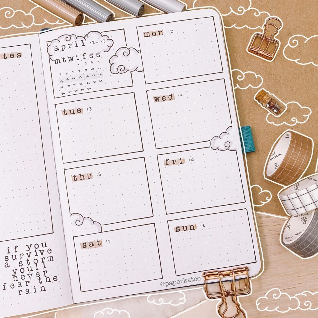 Weekly planner layout for April with decorative clouds and washi tape accents, inspiring quote at the bottom left.