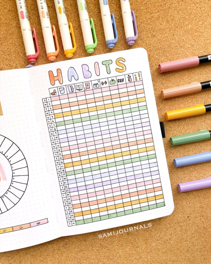 Colorful habit tracker with pens on a corkboard, organized for monthly planning and productivity.