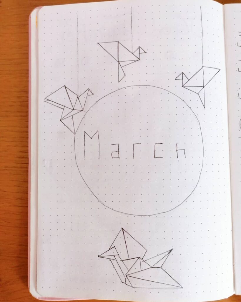 Bullet journal page for March with geometric bird drawings on dotted paper.