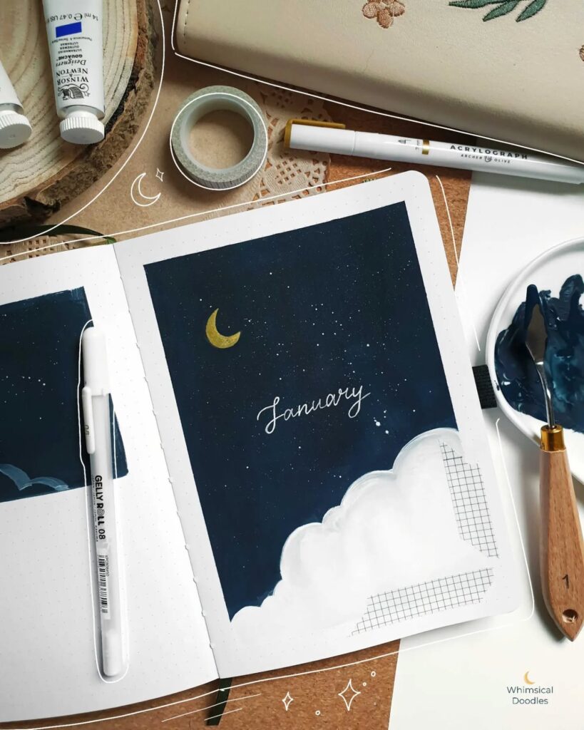 Bullet journal page with January calligraphy, starry night illustration, and stationery supplies around.