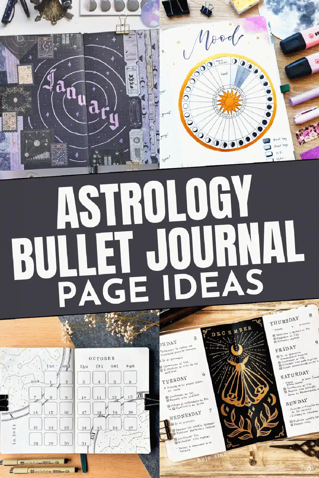 Astrology-themed bullet journal page ideas with creative layouts and designs for inspiration.