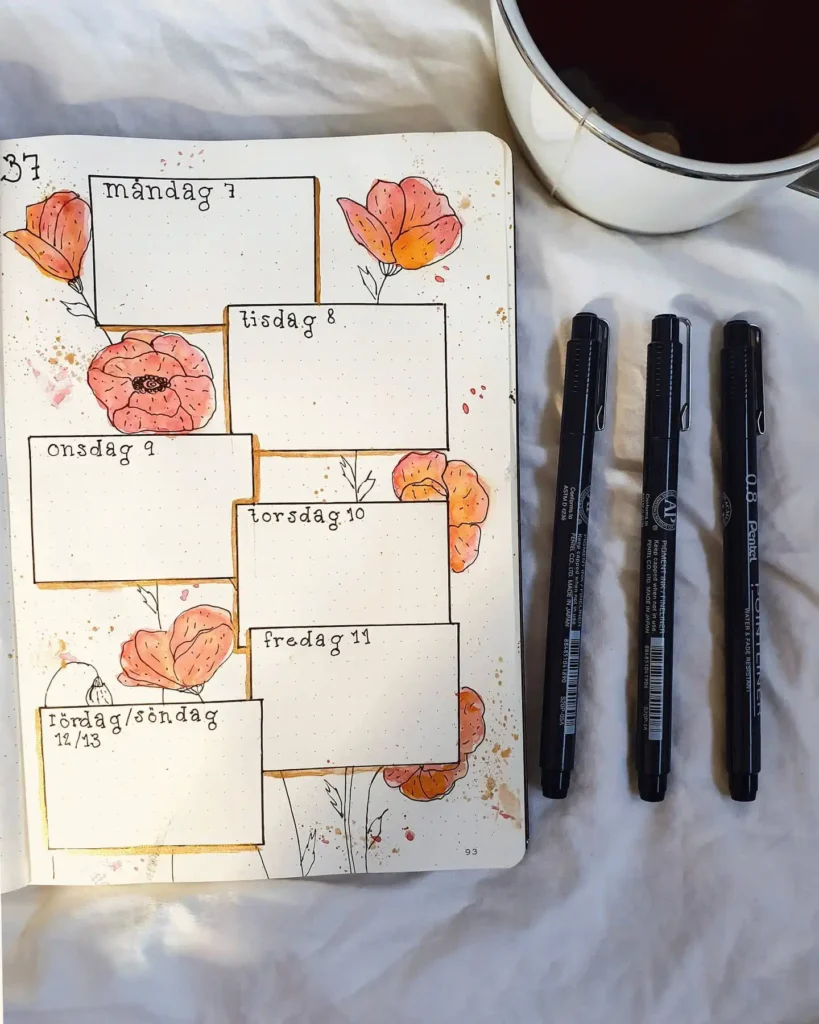 Weekly bullet journal spread with floral design, pens, and a coffee cup on a white surface.