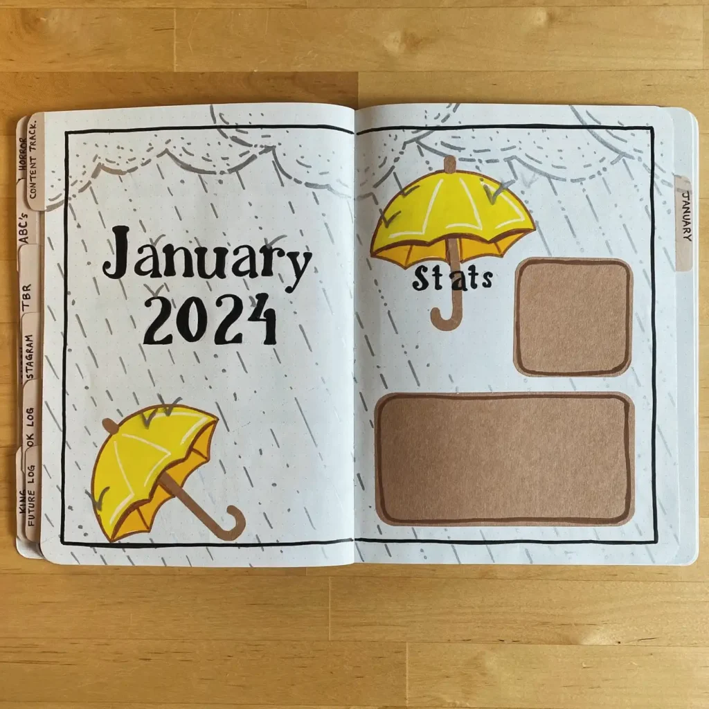 Bullet journal spread for January 2024, featuring yellow umbrellas and rain-themed decorations.