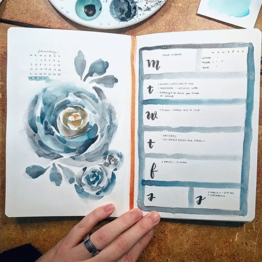 Hand holding an open planner with floral art and handwritten weekly schedule. Rose watercolor details on the left page.