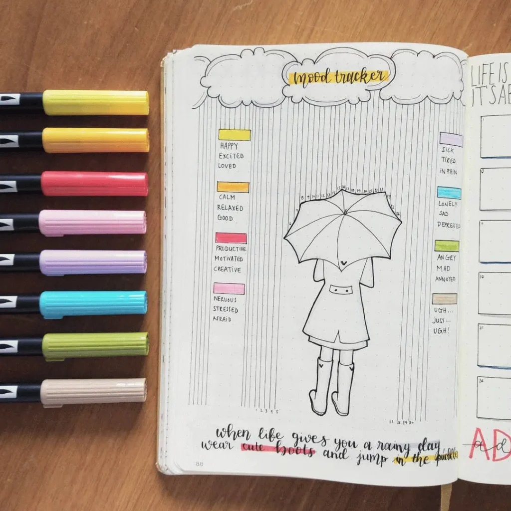 Bullet journal mood tracker with colorful markers, featuring a drawing of a girl with an umbrella.