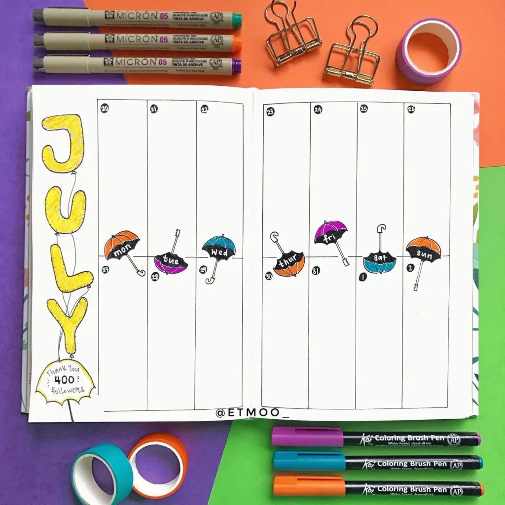 July bullet journal spread with umbrella theme, colorful pens, binder clips, and washi tape on a vibrant background.
