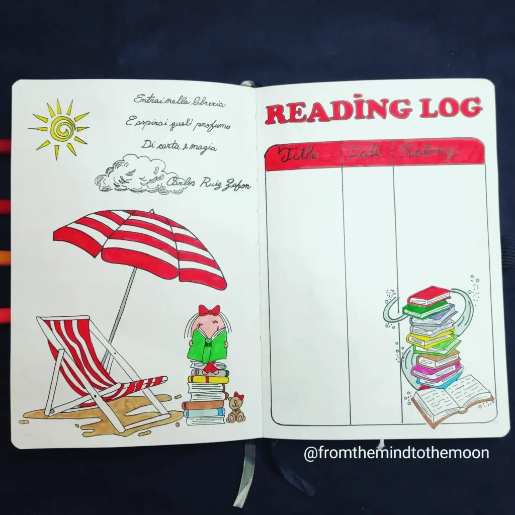 Illustrated reading log with beach chair, umbrella, and books. Sunny, colorful design for tracking book titles and ratings.
