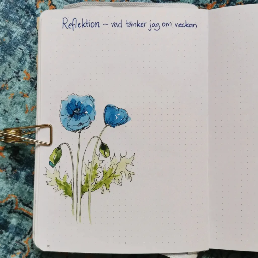 Open journal with blue flower illustration and Swedish text about weekly reflections.