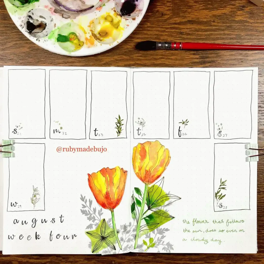 August bullet journal spread with floral design, watercolor palette, and brush on wooden table.