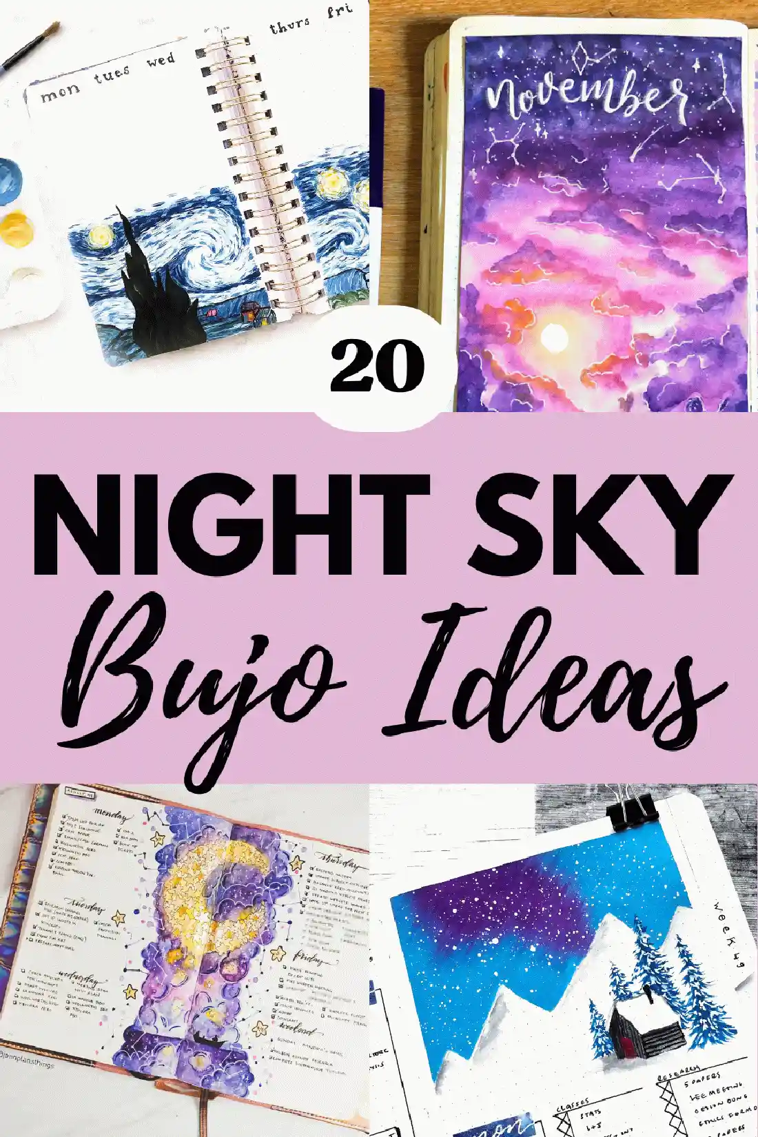 Bullet journal with night sky themes, showcasing creative layouts and celestial artwork for inspiration.