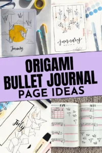 Origami-themed bullet journal page ideas with creative monthly layouts and decorative paper cranes.