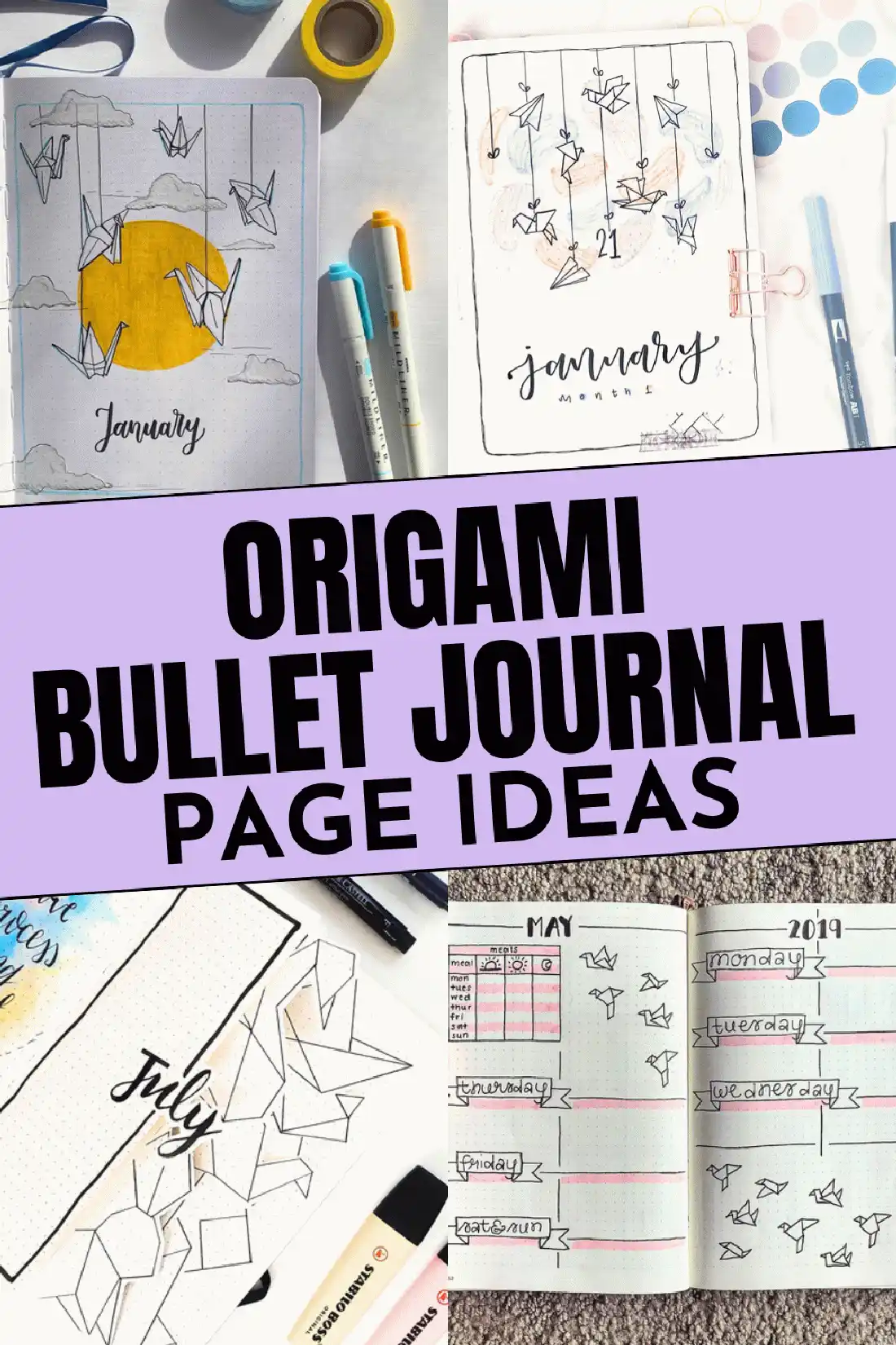 Origami-themed bullet journal page ideas with creative monthly layouts and decorative paper cranes.