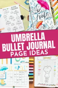 Umbrella-themed bullet journal page ideas with mood trackers and colorful artistic designs for April.
