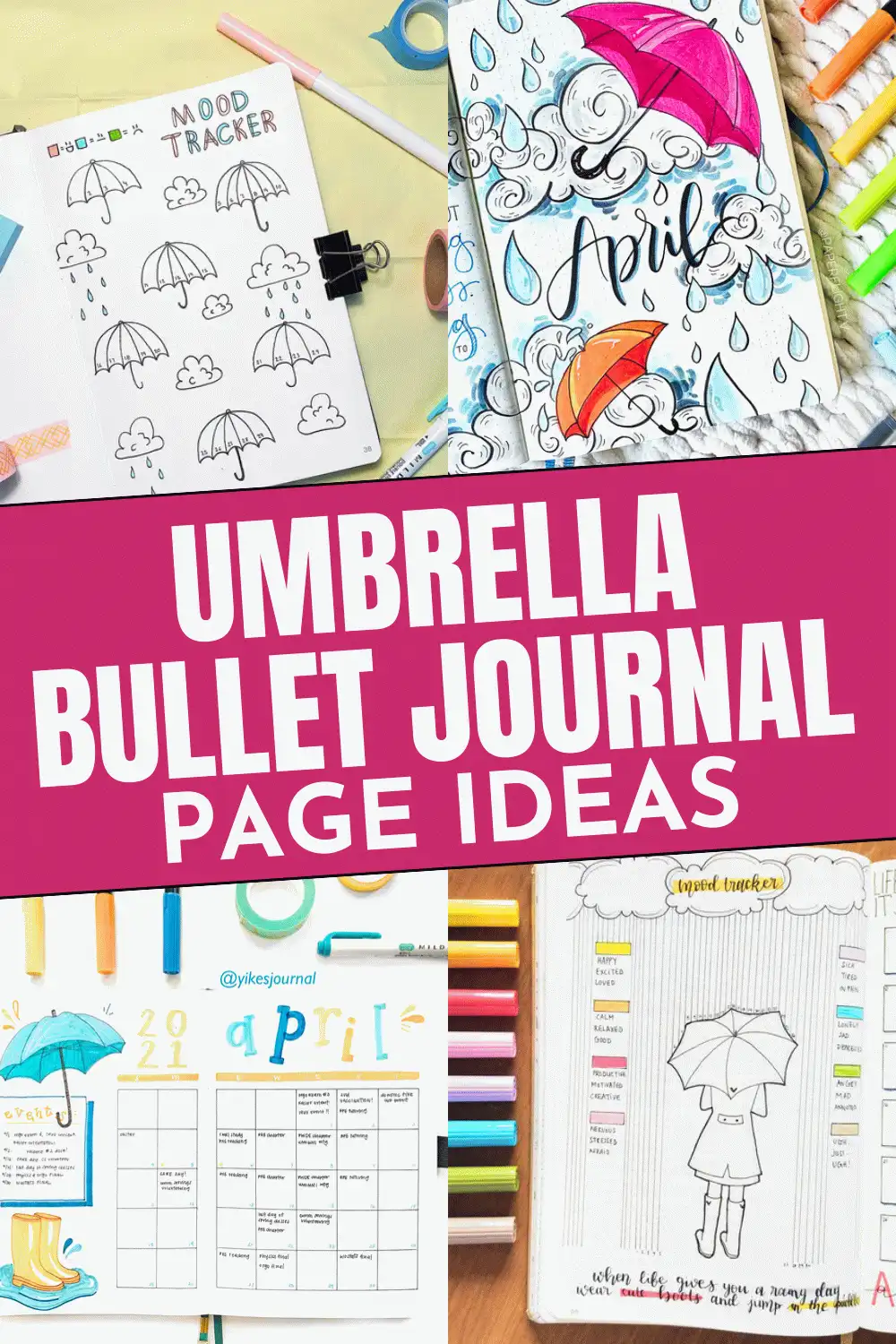 Umbrella-themed bullet journal page ideas with mood trackers and colorful artistic designs for April.