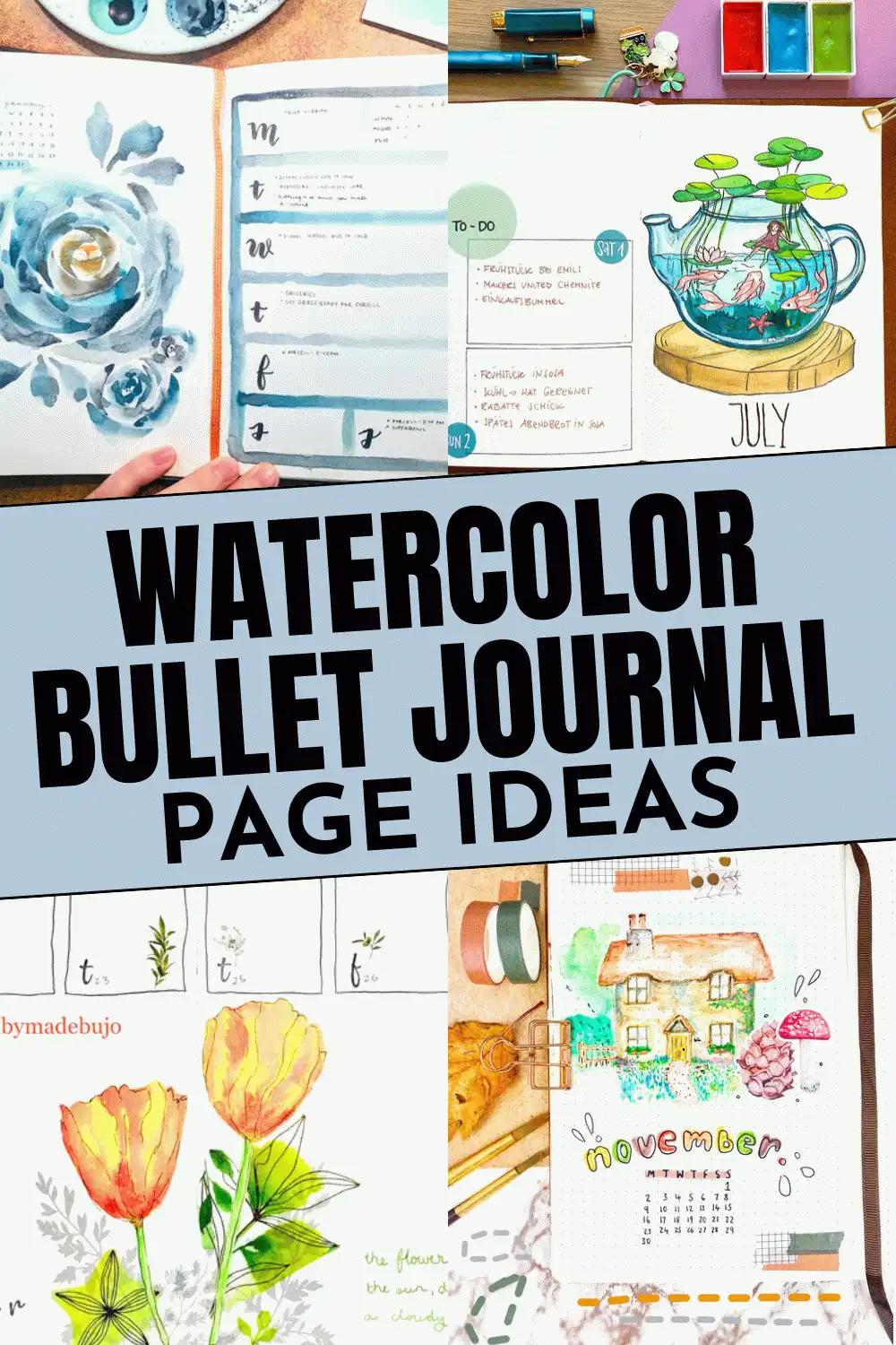Watercolor bullet journal page ideas with artistic designs and monthly planners. Perfect for creative organization.
