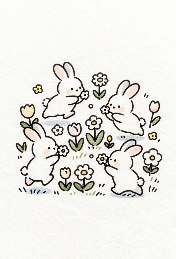 bunnies among colorful flowers
