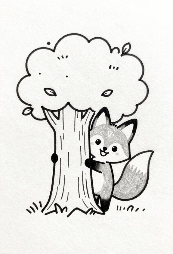 cheerful fox behind tree