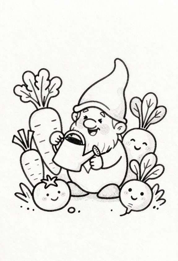 cheerful gnome watering vegetables