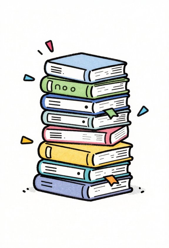 colorful bookmarked book stack