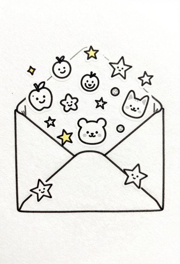 colorful stickers decorate envelopes