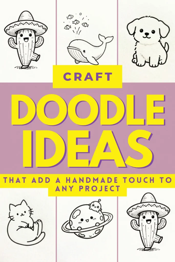 Colorful doodle ideas featuring cute characters like a cactus, whale, puppy, and more. Perfect for creative projects!