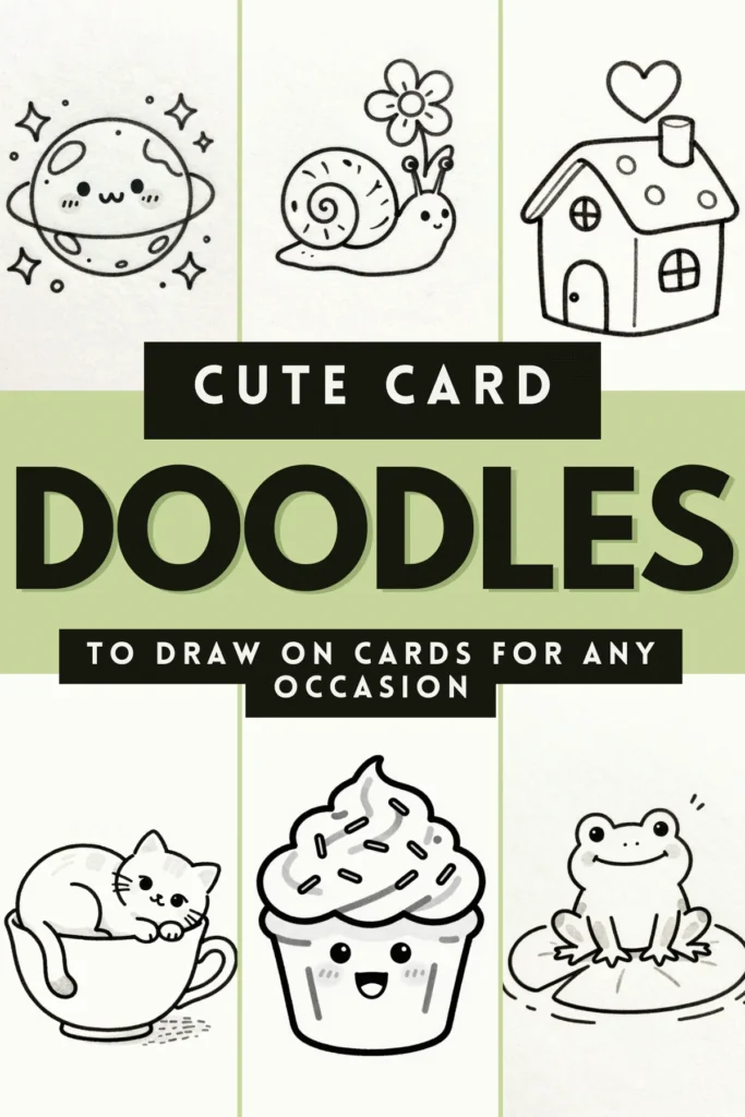 Collection of cute doodles for greeting cards, featuring a planet, snail, house, cat, cupcake, and frog.