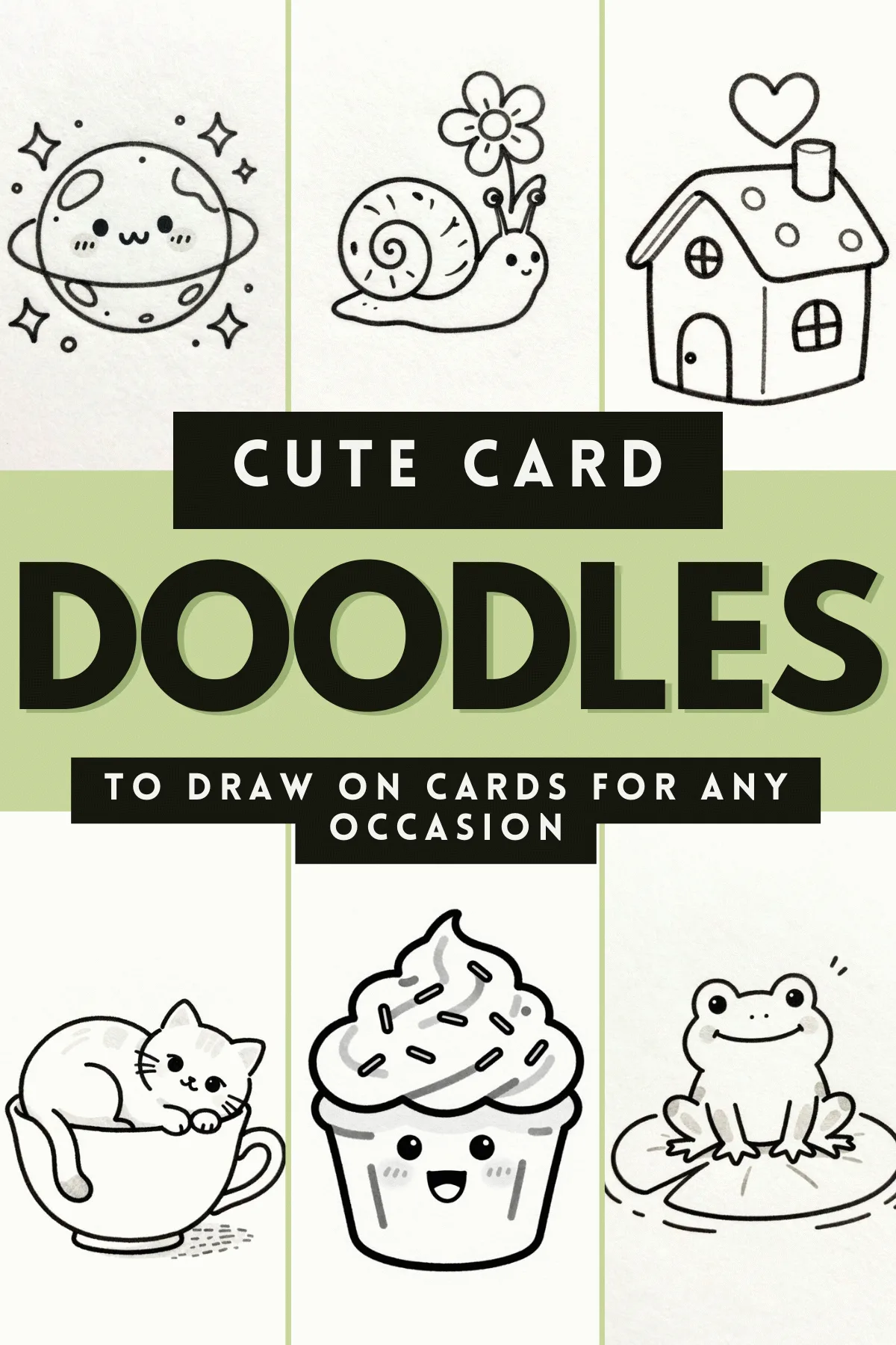 Collection of cute doodles for greeting cards, featuring a planet, snail, house, cat, cupcake, and frog.