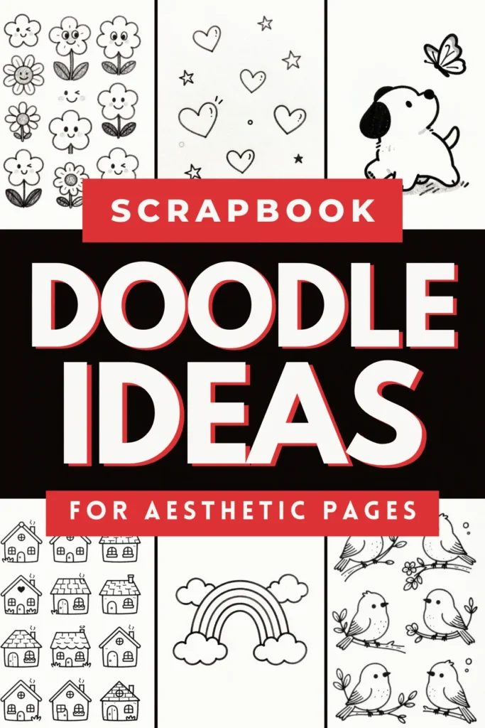 Colorful scrapbook doodle ideas featuring flowers, hearts, a dog, houses, a rainbow, and birds for aesthetic pages.