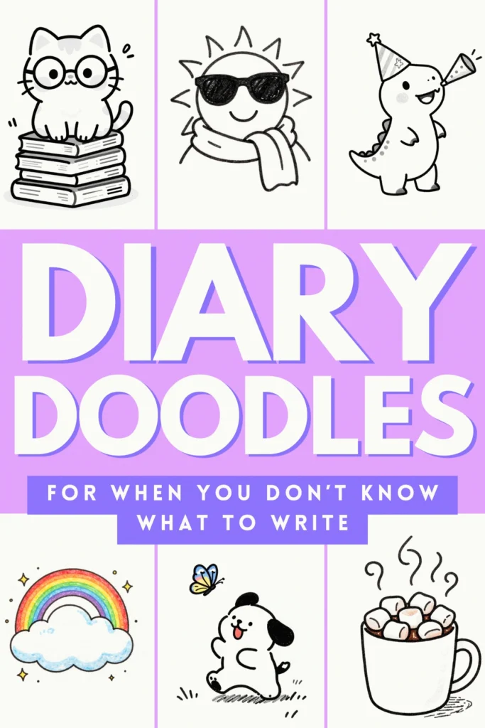 Colorful graphic featuring cute doodles like a cat, sun, dinosaur, rainbow, and dog, perfect for diary inspiration.