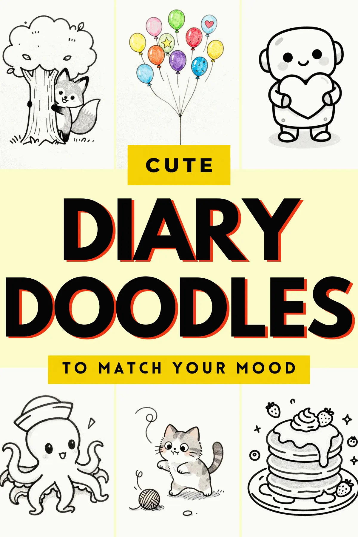 Cute doodles featuring animals, balloons, and food for diary inspiration to match every mood.