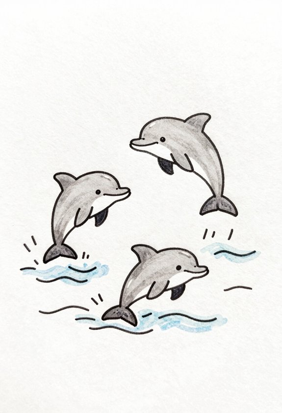 dolphins joyfully leap waves