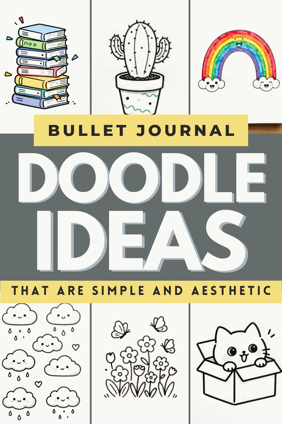 Creative bullet journal doodle ideas featuring books, plants, rainbows, and cute animals for aesthetic inspiration.