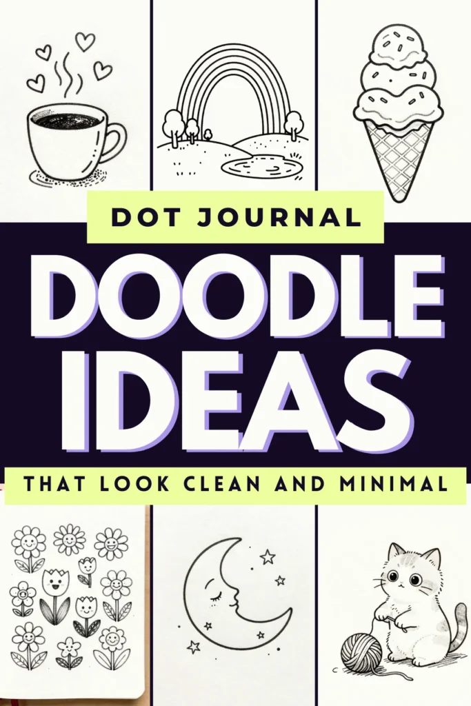 Cover of a dot journal featuring minimal doodle ideas: coffee, rainbow, ice cream, flowers, moon, and a kitten.