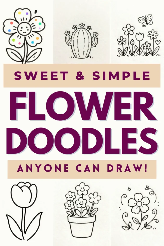 Colorful doodle art featuring flowers, cacti, and tips for easy drawing. Fun designs for all skill levels!