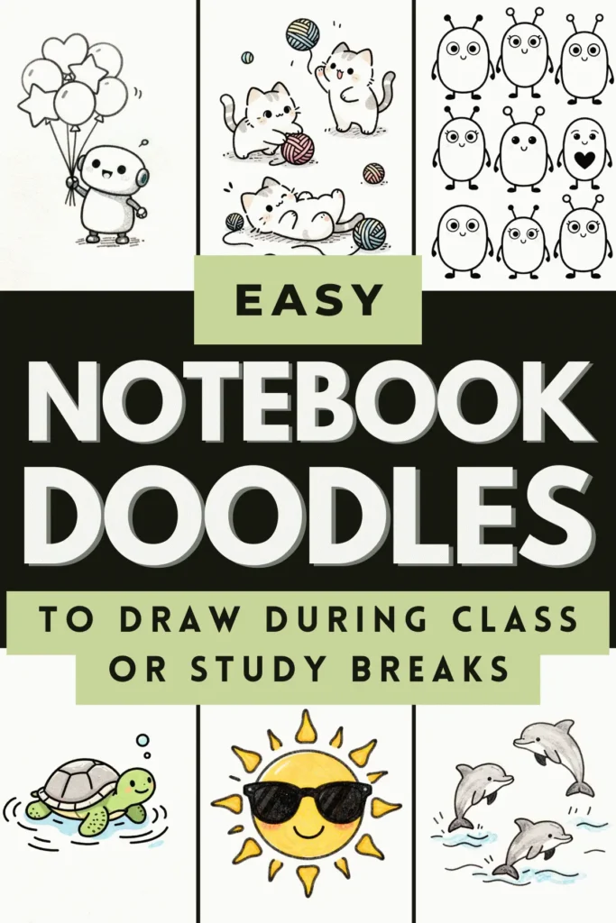 Fun and easy notebook doodles for stress relief during class or study breaks, featuring cute characters and playful designs.