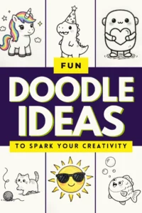 Colorful doodle ideas featuring a unicorn, dinosaur, cat, sun, and fish, designed to inspire creativity.