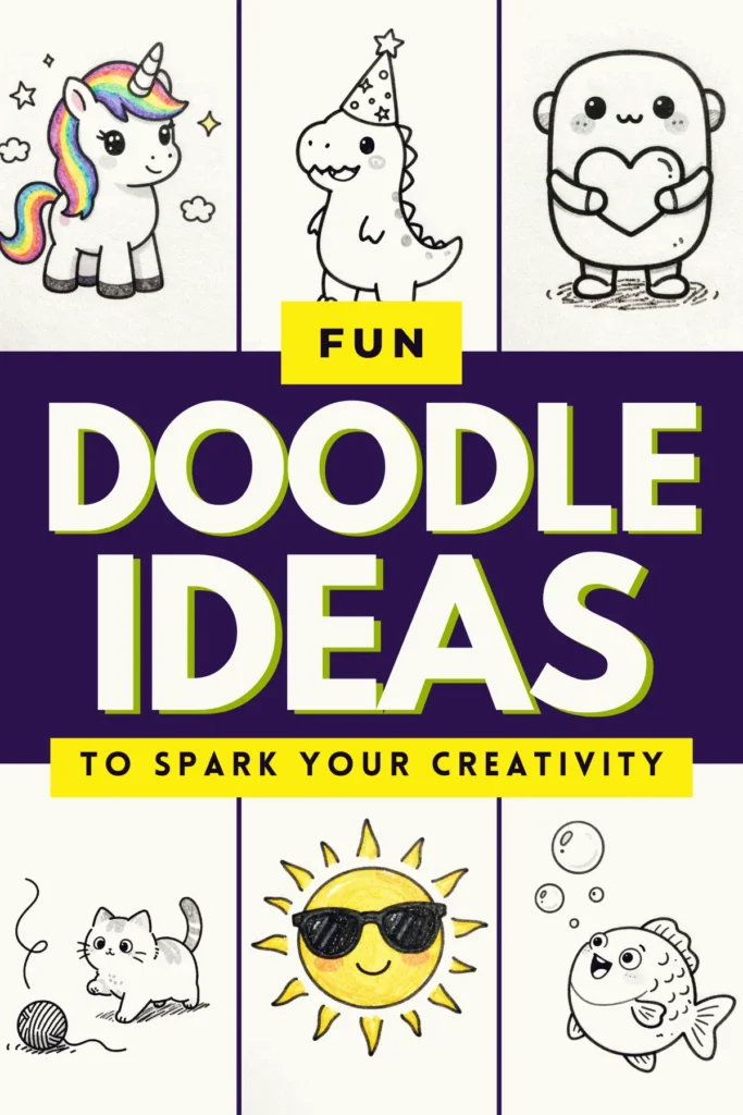 Colorful doodle ideas featuring a unicorn, dinosaur, cat, sun, and fish, designed to inspire creativity.