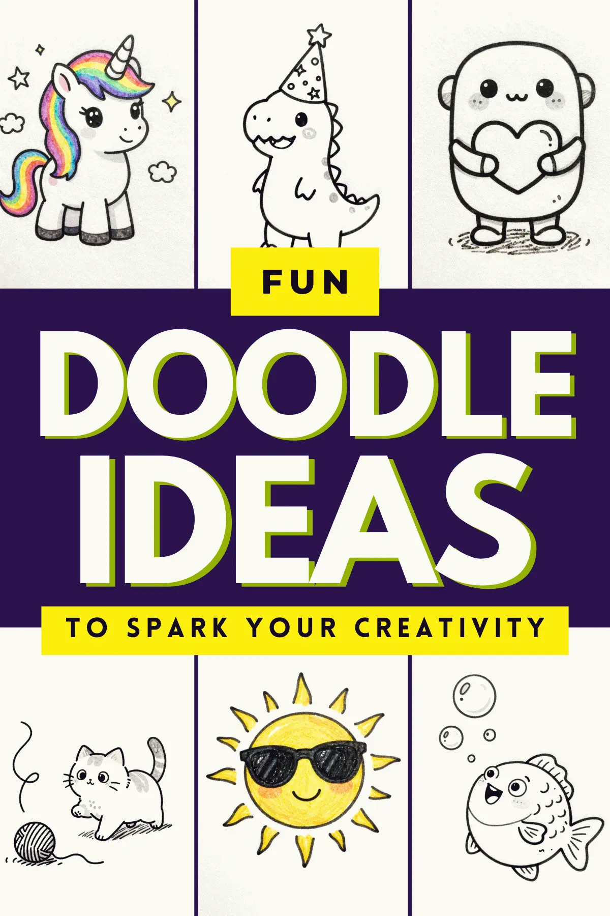 Colorful doodle ideas featuring a unicorn, dinosaur, cat, sun, and fish, designed to inspire creativity.