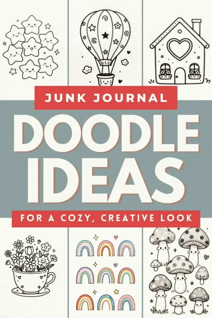 Whimsical doodle ideas for a cozy junk journal, featuring stars, hot air balloons, flowers, and mushrooms.
