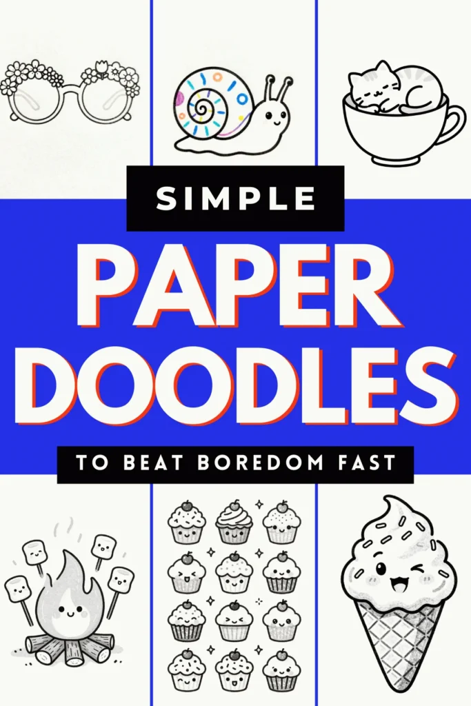Colorful doodles including glasses, a snail, cat in a cup, campfire, and ice cream to inspire creativity and beat boredom.