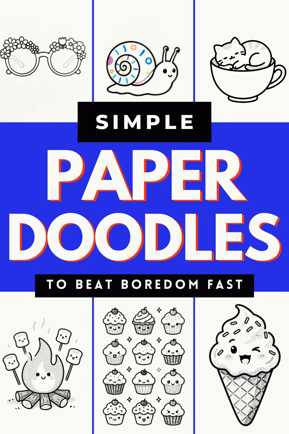 Colorful doodles including glasses, a snail, cat in a cup, campfire, and ice cream to inspire creativity and beat boredom.