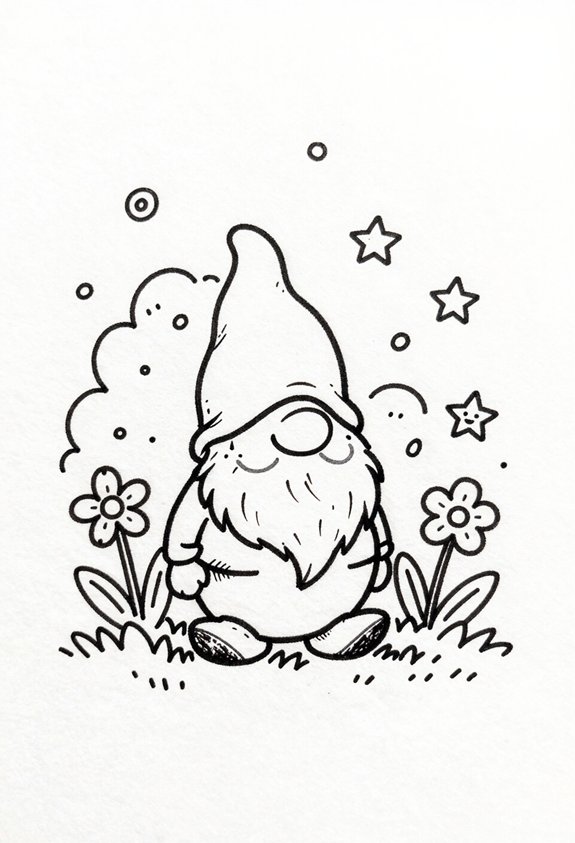 playful gnome behind bushes