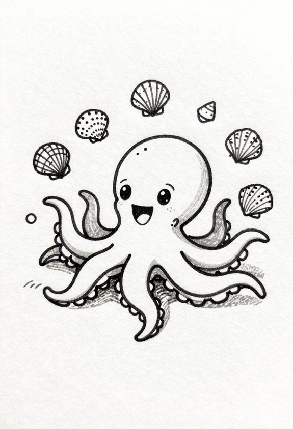 playful octopus juggling seashells