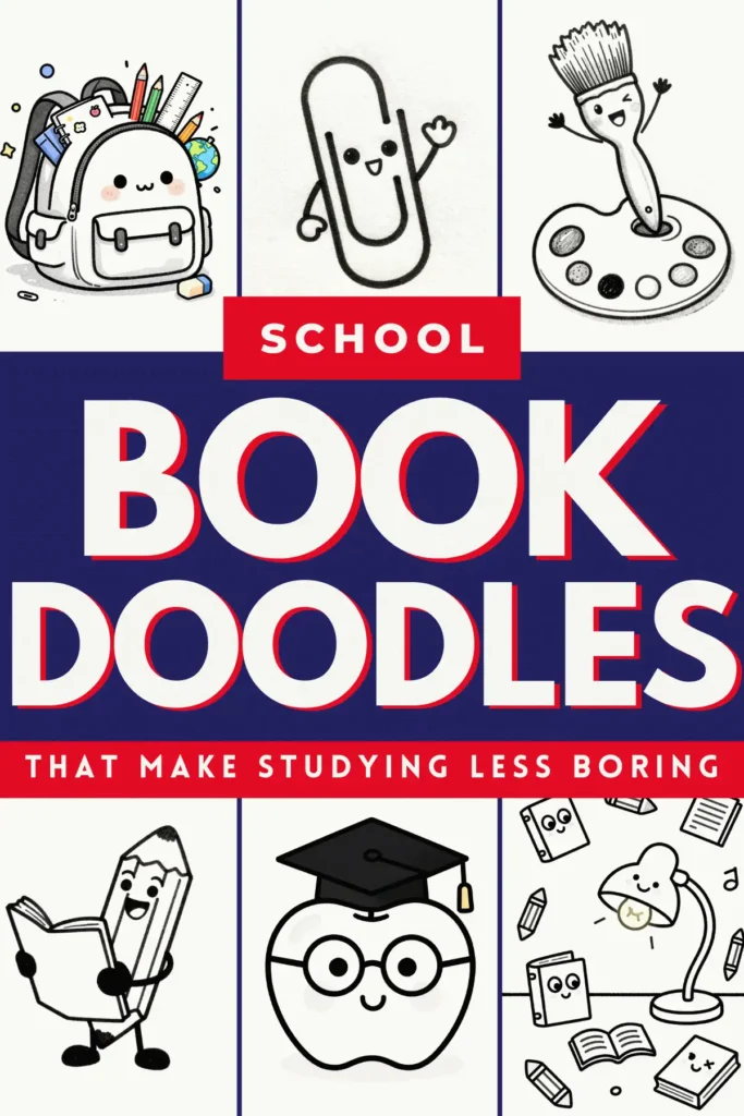 Fun school-themed doodles on a colorful book cover promoting engaging study techniques for students.