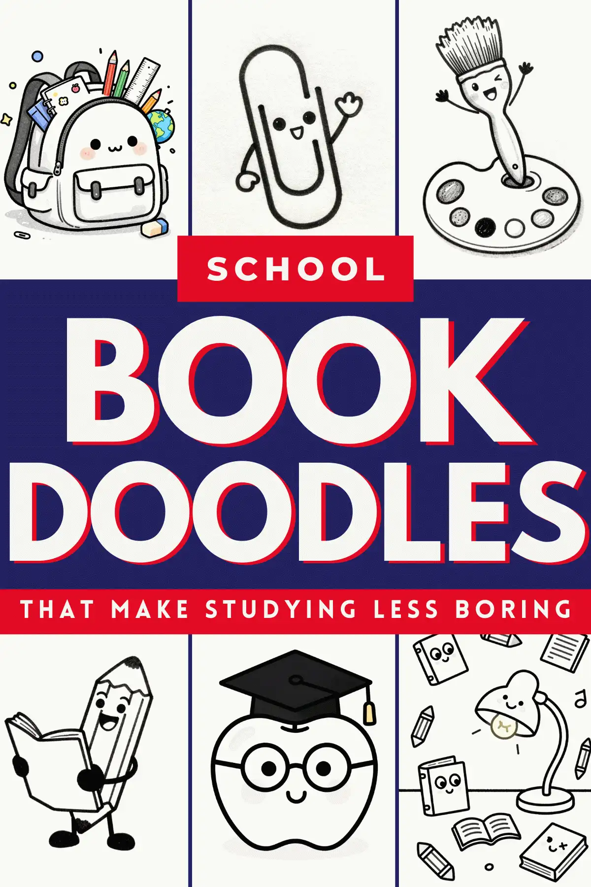Fun school-themed doodles on a colorful book cover promoting engaging study techniques for students.