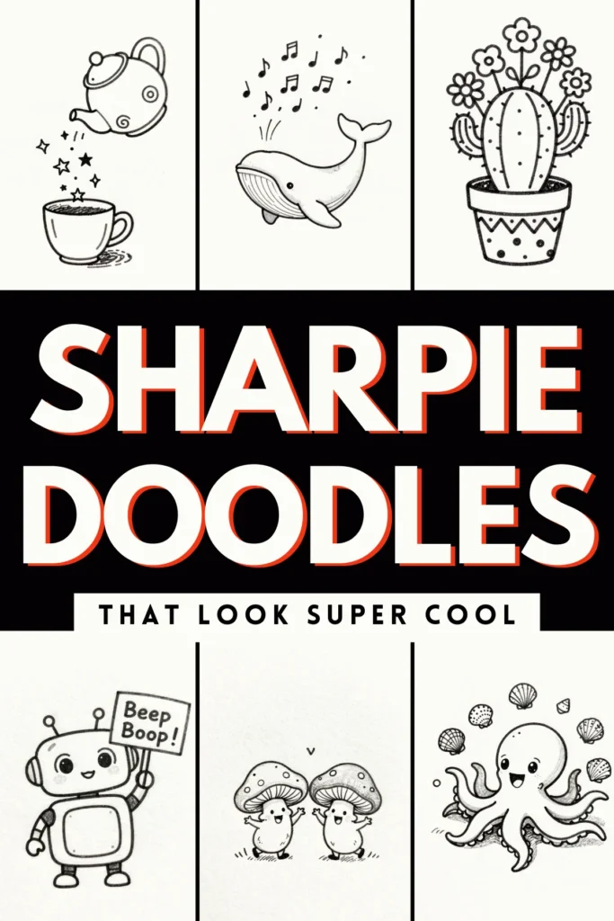 Fun Sharpie doodles featuring a teapot, whale, cactus, robot, mushrooms, and octopus, showcasing creative illustrations.